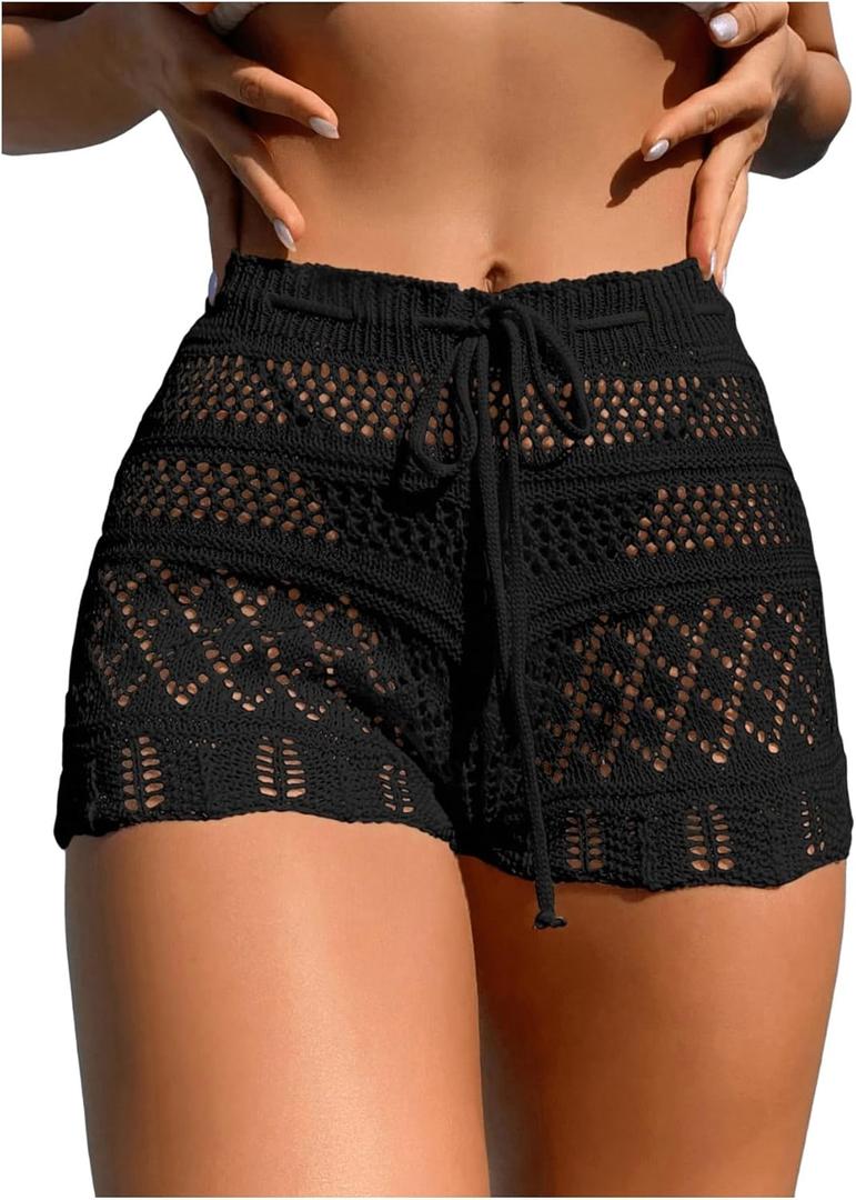 SHENHE Women's Crochet Cover Up Shorts Hollow Out Tie Front Sheer Beach Shorts Coverups (Medium, Black)