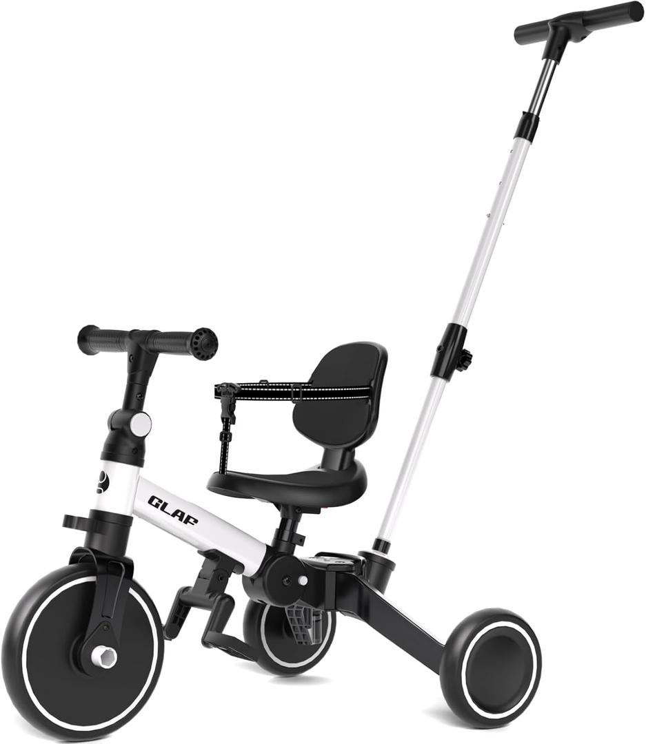 Glaf Tricycle for Toddlers 1-3 Toddler Bike with Push Handle 2-4 Years Baby Bike Toy for 1 Year Old Boys and Girls Balance Bike with Removable Pedal, Backrest, Adjustable Seat, Gifts (White)