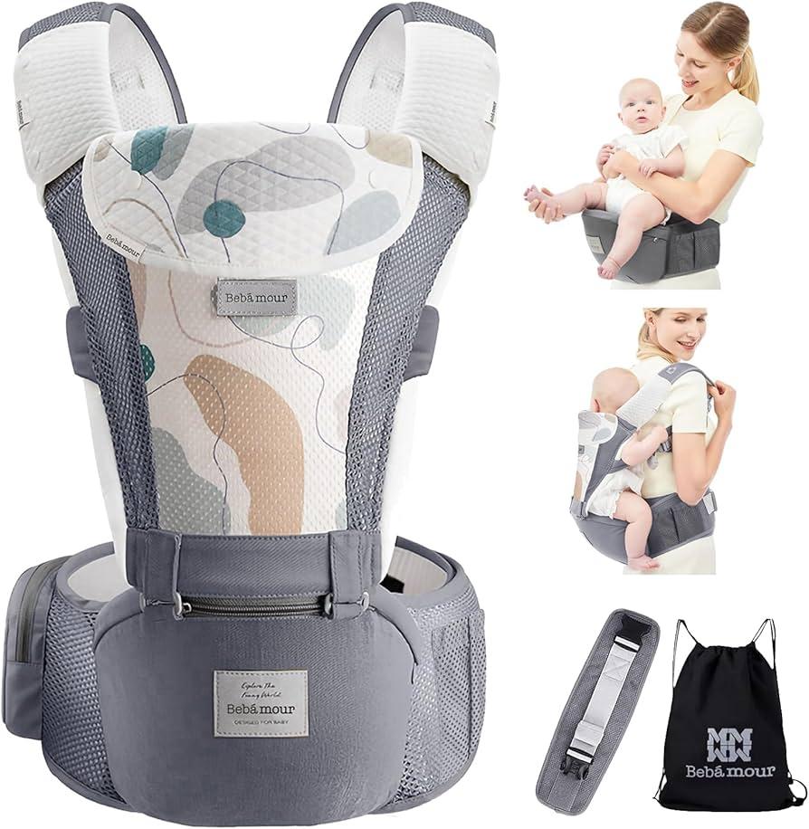 Bebamour Baby Carrier with Hip Seat,All-Position Breathable Mesh Hip Seat & Carrier 0-36Months with Head Hood, 3 PCS Teething Pads, Waist Extender,Storage Bag & Pacifier Case(Khaki)