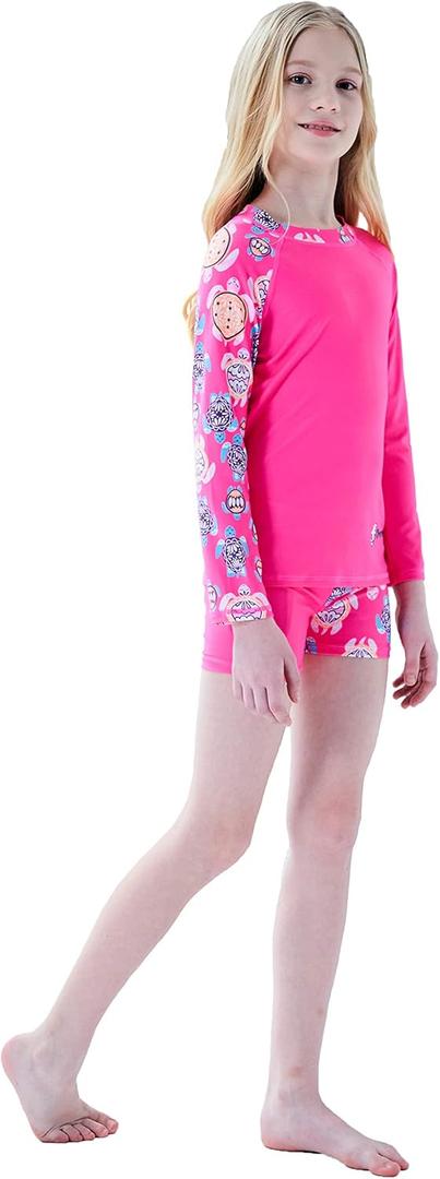 Girls Swimsuit Two Piece Rash Guard Set for 4-14 Years UPF 50+ UV Protective Long Sleeve Swimwear (Red/Turtle), size 160