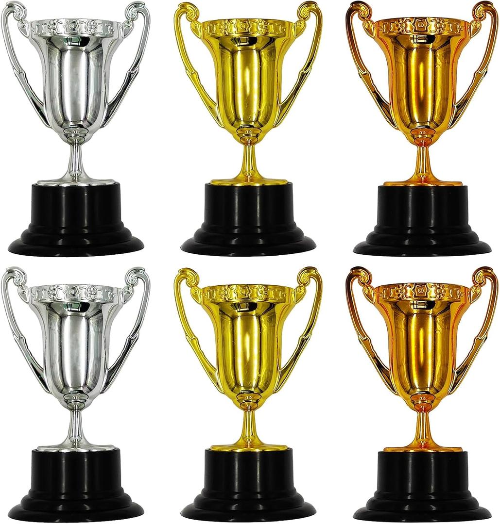 Kids Mini Award Trophy Cups - Pack of 6 Bulk - Plastic Gold Silver Bronze Award Trophies Set for Kids for Party Favors, Props, Rewards, Winning Prizes, Competitions
