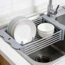 Adjustable Dish Drying Rack with Stainless Steel Drain Basket Over-The-Sink - Portable & Telescopic Space-Saving Solution for Fruit Vegetable