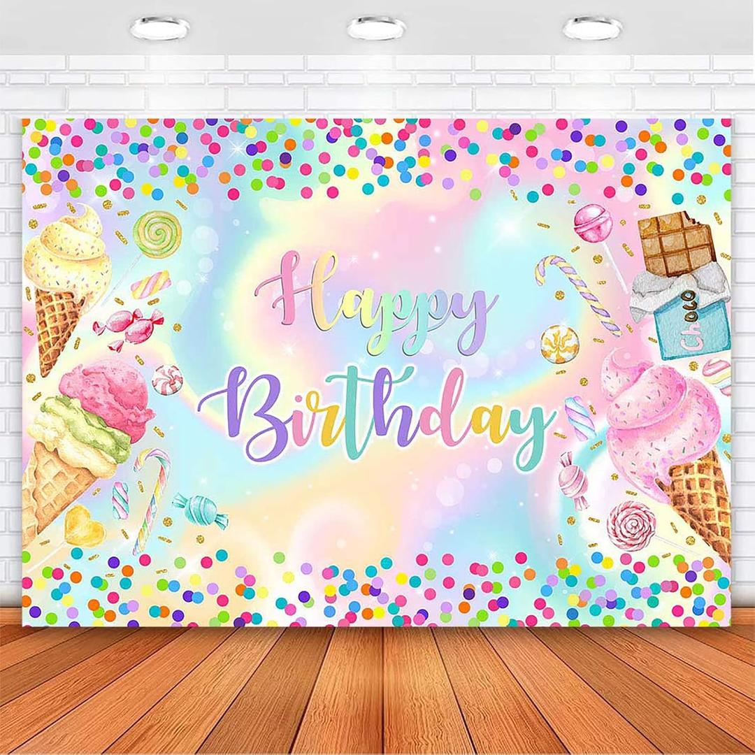 Avezano Ice Cream Happy Birtdhay Backdrop Sweet Candy Dessert Girls' Birthday Party Photoshoot Background Colorful Bday Cake Table Banner (5x3ft)