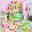 2 x FYSUIMU 48 Pcs Easter Bunny Paper Plates Colorful Rabbit Egg Flower Disposable Plates Easter Striped Contrast Color Design Dinner Dessert Plate for Spring Birthday Baby Shower Party, 9 Inch