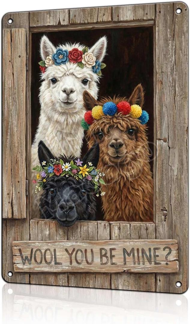 Romantic Farmhouse Wall Decor Metal Tin Sign - Wool You Be Mine Llama Art - Cute Alpaca Gift for Valentines Day, Wedding, or Bedroom Decoration 8x12 inch (20X30cm(12x8in))