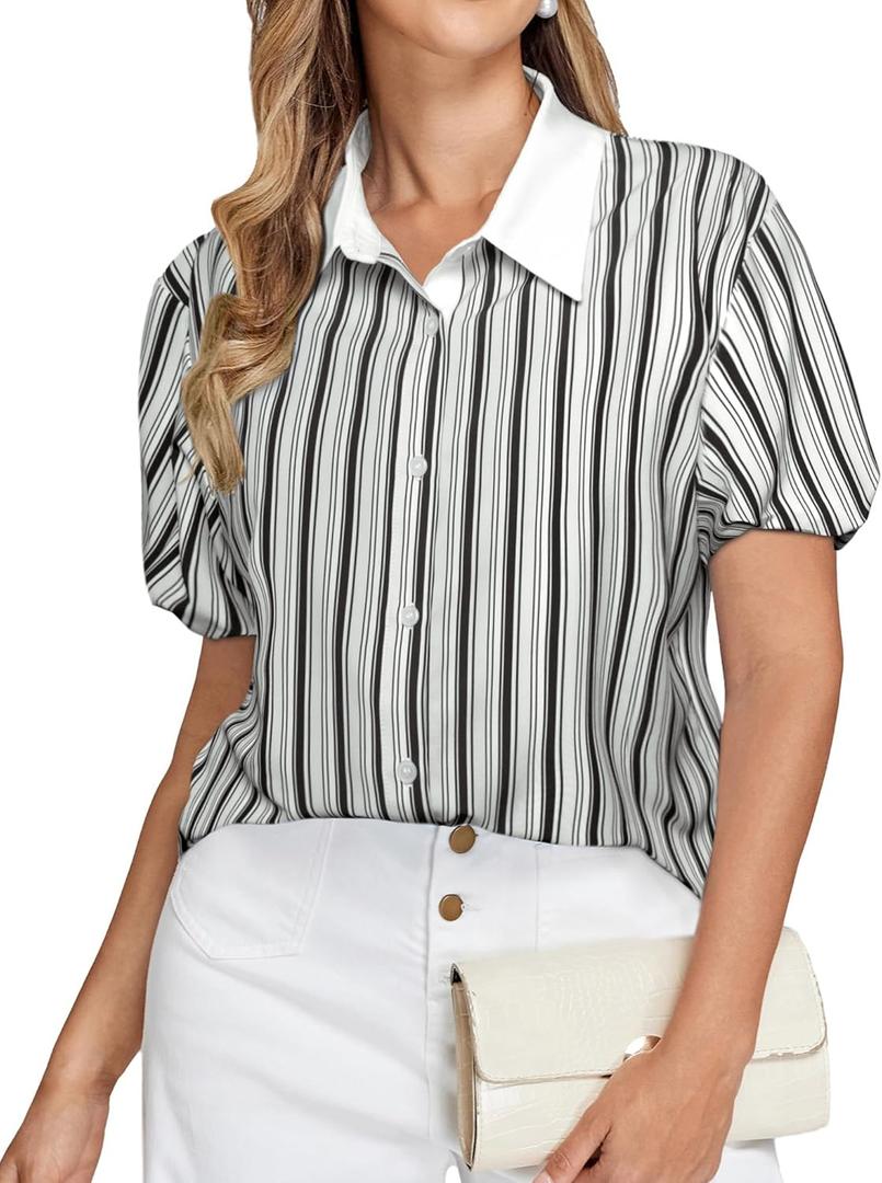 Belle Poque Striped Button Down Shirt Women Short Sleeve V Neck Collared Blouse Summer Casual Work Tops (XX-Large, Black)