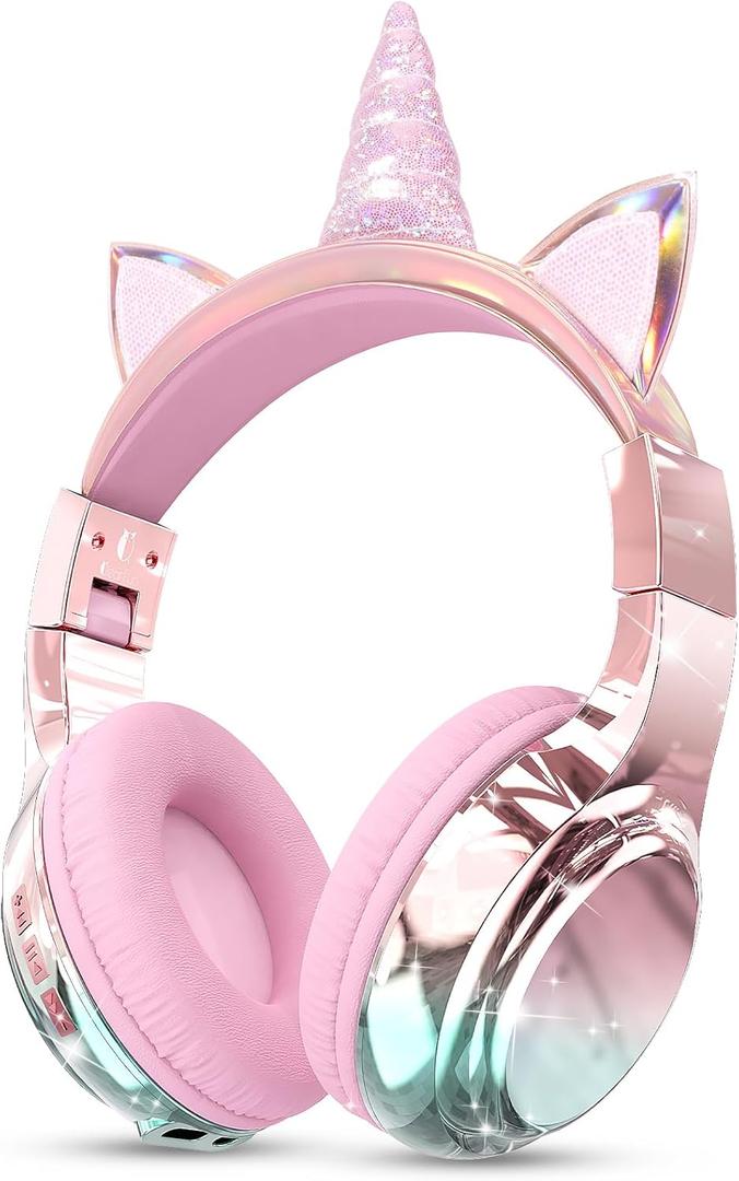 QearFun Kids Unicorn Bluetooth Headphones, 60H Playtime, 74/85/94dB Safe Volume Limit, Metallic Gradient Wireless Headset with Mic, Fast Charging, Foldable, Wired Mode for Girls School/Tablet/Travel