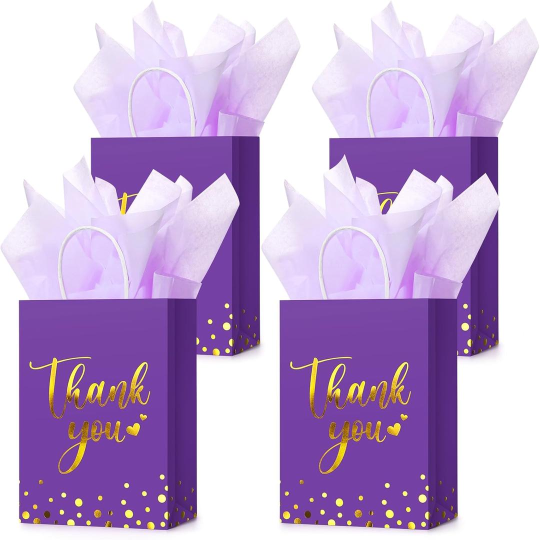 Tinlade 30 Pcs Thank You Gift Bags with Tissue Paper Gold Thank You Wedding Bags with Handle for Graduation Business Shopping Wedding Shower Party Favors (Dark Purple)