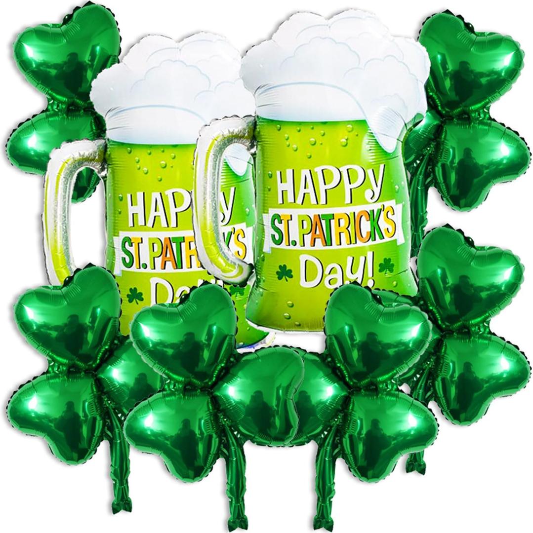 2 x 8 Pcs St Patricks Day Balloons,Green Shamrock Balloons Happy St.Patrick's Day Beer Mug Foil Balloon for Lucky St Patricks Party Decorations