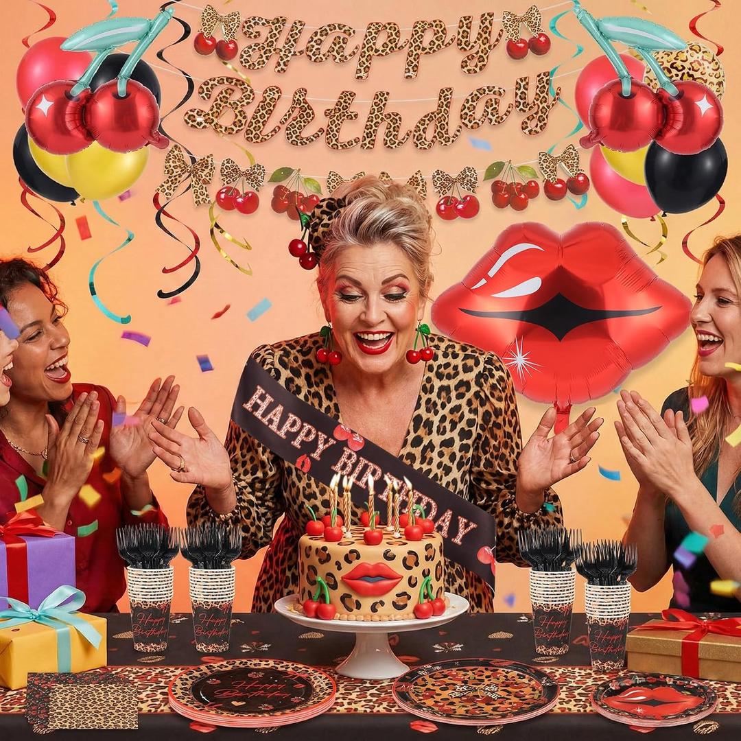 137 Pcs Cheetah Cherry Birthday Decorations Set for 24 Guests, All-in-one Set with Pre-strung Banner, Balloons, Tablecloth, Disposable Dinnerware for Leopard Cherry Birthday Party Supplies
