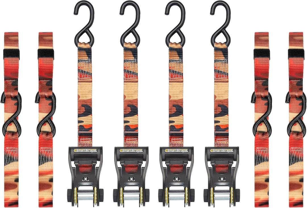 SMARTSTRAPS 14 CamoX Ratchet Straps, 4 Pack  3,000lbs Break Strength, 1,000lbs Safe Work Load  Premium Duty Tie Downs for Heavier Loads, Orange Camo Webbing