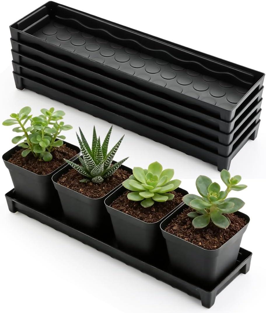 5 Pack Plastic Window Sill Saucer (16"x5.5"x1.5"), Rectangular Windowsill Plant Pot Trays with Removable Drainage Hole, Thick Plant Saucer Tray for 4 inch (10CM) Flower Seedling Pots (Black)