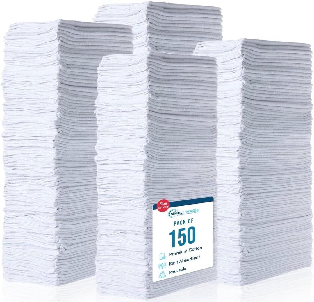 Simpli-Magic Cotton Shop Towels 14"x12" (150 Pack) White Reusable Cleaning Shop Rags for Automobiles, Industries, Garage and Homes