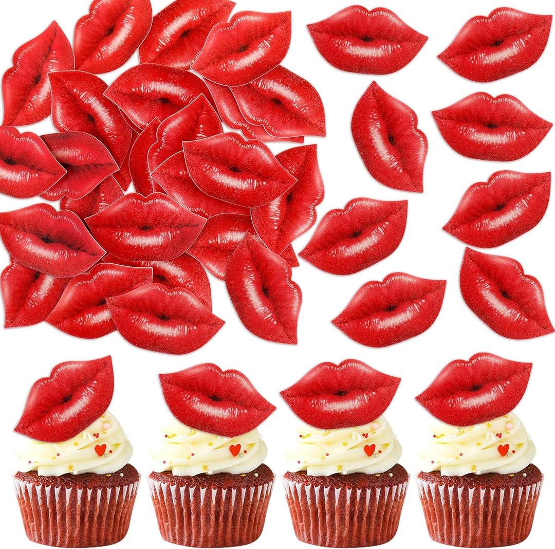 Ercadio 40 Pack Edible Valentines Day Cupcake Toppers Edible Red Lip Cupcake Toppers Valentine Cake Drink Topper for Wedding Theme Bachelorette Party Bride to Be Cake Decoration Supplies
