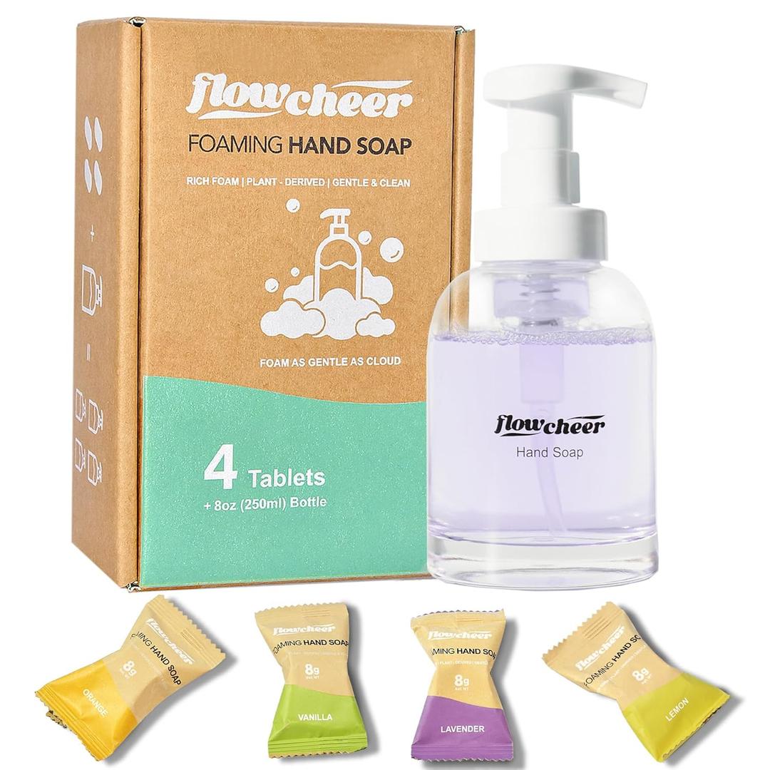 Foaming Hand Soap Refill Tablets - Glass Foaming Soap Dispenser Combo - CrystalClear Real Glass Bottle 11 oz - 4 Refill Tablet Included Start Kit - Soap Pump for Bathroom Kitchen Countertop