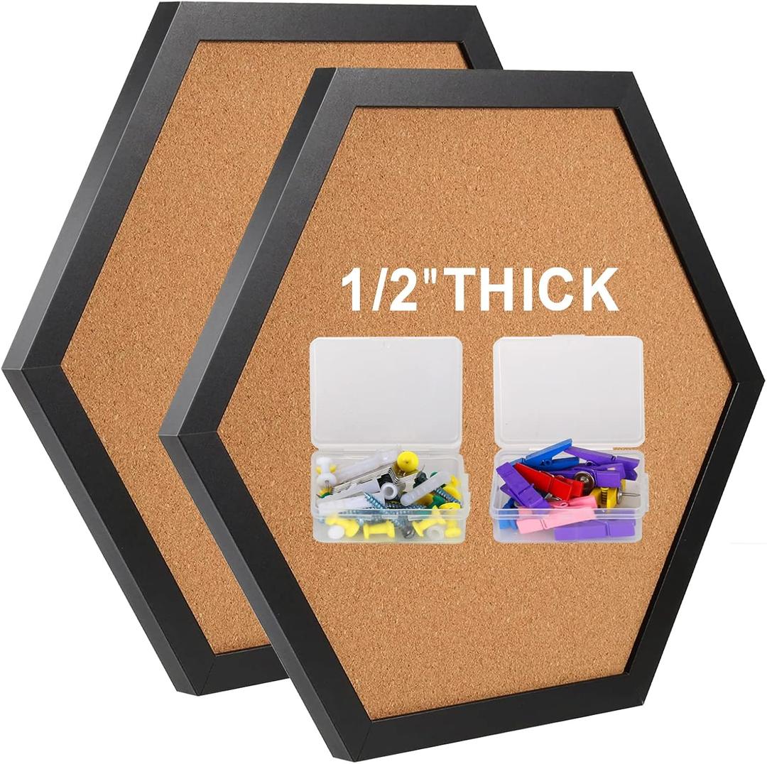 Cork Bulletin Board for Walls, 1/2" Thick Hexagon Pin Board for Walls with Frame, Black Small Corkboard with 10 Push Pins and 10 Wood Clips, Tack Board for Home Office and School 2Pack