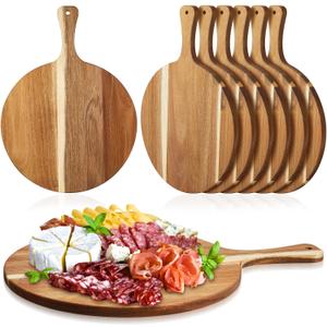 Sliner 6 Pcs Acacia Wood Round Cutting Board Bulk 0.6 Inch Thick Charcuterie Board with Handle Housewarming Gift Large Wooden Chopping Paddle for Cutting Pizza Cheese Meat Fruit (13 x 9 Inch)