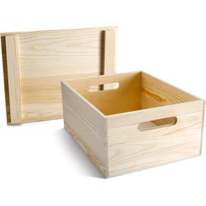 Spiareal Wooden Storage Box 15 x 12 x 7 Inches Pine Wood Decorative Crate Box with Hand Holes and Lid Plain Unpainted Wooden Storage Bins for Home Decor Wine Tool Kitchen Arts Crafts