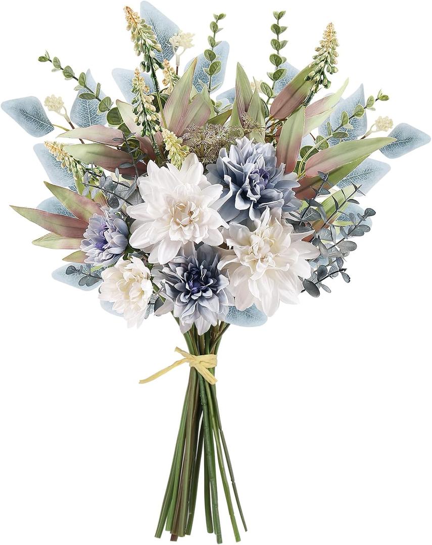 Fake Artificial Flowers Bouquet for Decoration, Silk Floral Arrangements Faux Flowers Plant Wedding Bride Bouquets Tables Centerpieces for Rustic Home Decor Indoor Vase Floral Table Decor (Blue White) (1PCS)