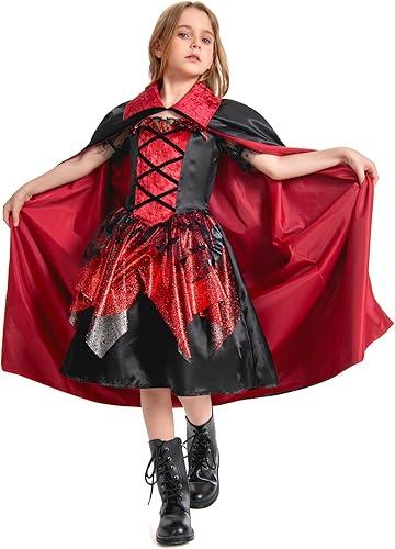 Elizant Kids Vampire Costume for Girls 8-10, Girls Halloween Costumes Dress Vampire Cape Skirt Cloak Vest Outfit 130-140cm