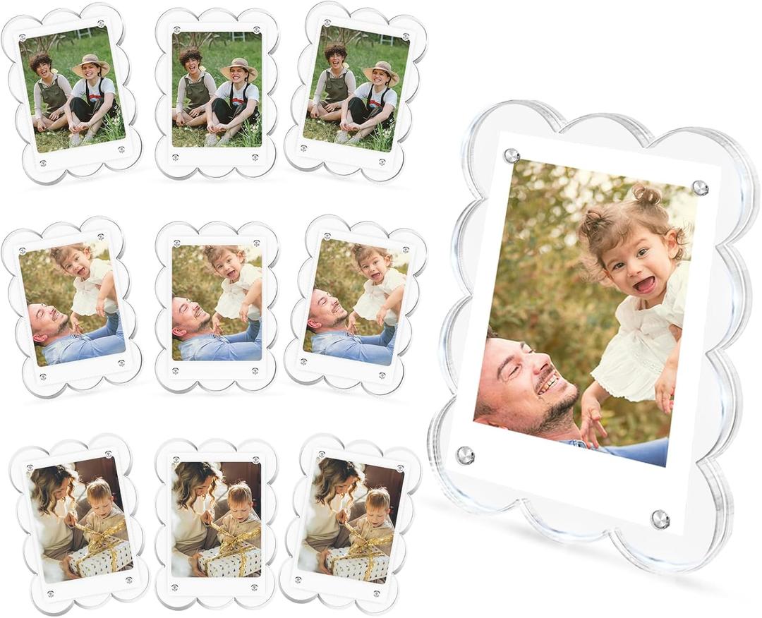 10 Pack 3x4 Acrylic Polaroid Magnets Picture Frame for Refrigerator, Scalloped Clear Frames for Instax Photo, Wallet Size Mini Frame for Fridge