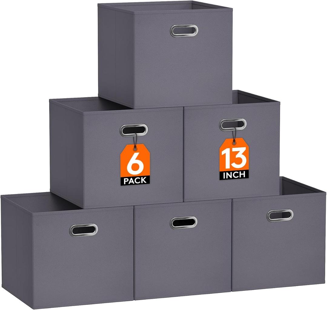 Lifewit 13 Inch Cube Storage Bins, 6 Packs Cube Storage Organizer, Foldable Decorative Fabric Storage Baskets for Organizing Home Organizers with Metal Handles for Shelves, Closet, Gray