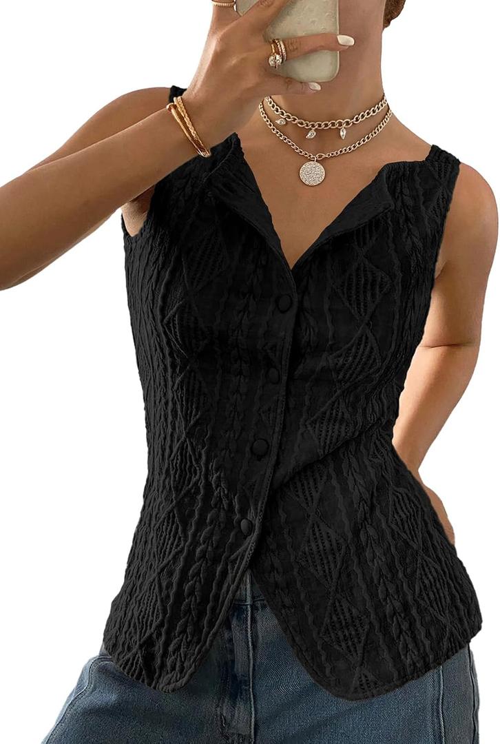 BLENCOT Women's Vest Top Slim Fitted Button Down Knit Vests Stretchy Textured Jacquard Going Out Tops, Medium