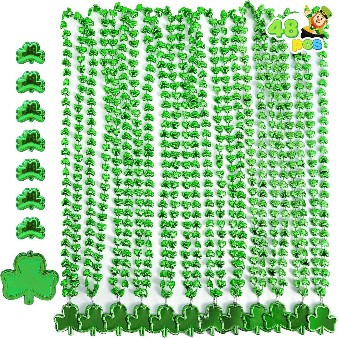 JOYIN 48 Pcs St Patricks Shamrock Necklaces, Green Clover-Shaped Bead Necklace with Pendant for St. Patrick's Day Party Supplies Dressing-up Accessories Party Favors, Irish Leprechaun Plastic Jewelry