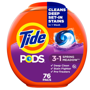 Tide PODS laundry detergent pacs, 3-in-1 Stain Remover, Odor Fighter, Color Protector, 76 Count, HE compatible, Spring Meadow Scent