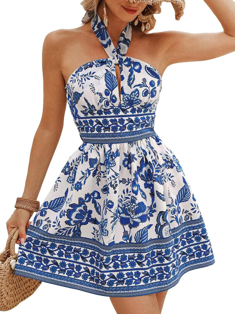 Floerns Women's Floral Print Sleeveless Halter Neck Tie Back Summer A Line Dress (Medium, Blue and White)