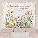 AQYIP Wildflower Christian Tapestry, Psalm 136:1 Bible Verse Tapestry Decorative, Christian Room Decor, Floral Religious Wall Tapestries Blanket Decor for Home Office Church, 50x60 Inch