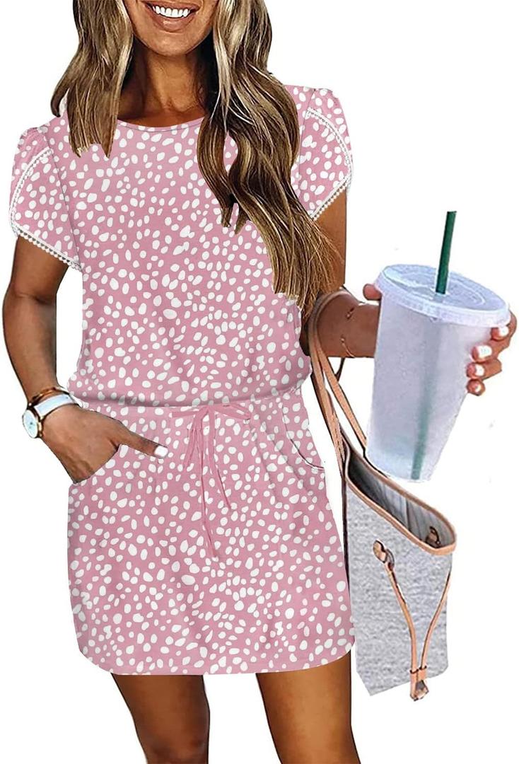 ETCYY NEW Women's Summer Dresses Tie Front Chic Mini Dress Petal Short Sleeve with Pockets, S
