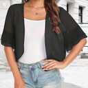 Women's Cardigan Bolero Shrug Ruffle Short Sleeve Open Front Loose Sheer Jackets for Tops (Black, L)