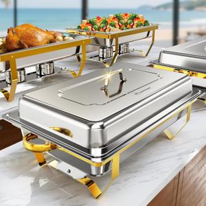 Chafing Dishes for Buffet 4 Pack, 9.5 QT Chafing Dish Buffet Set, Stainless Steel Chafers and Buffet Warmers Sets for Parties Wedding, Rolled-Edge Design Buffet Servers with Gold and Silver