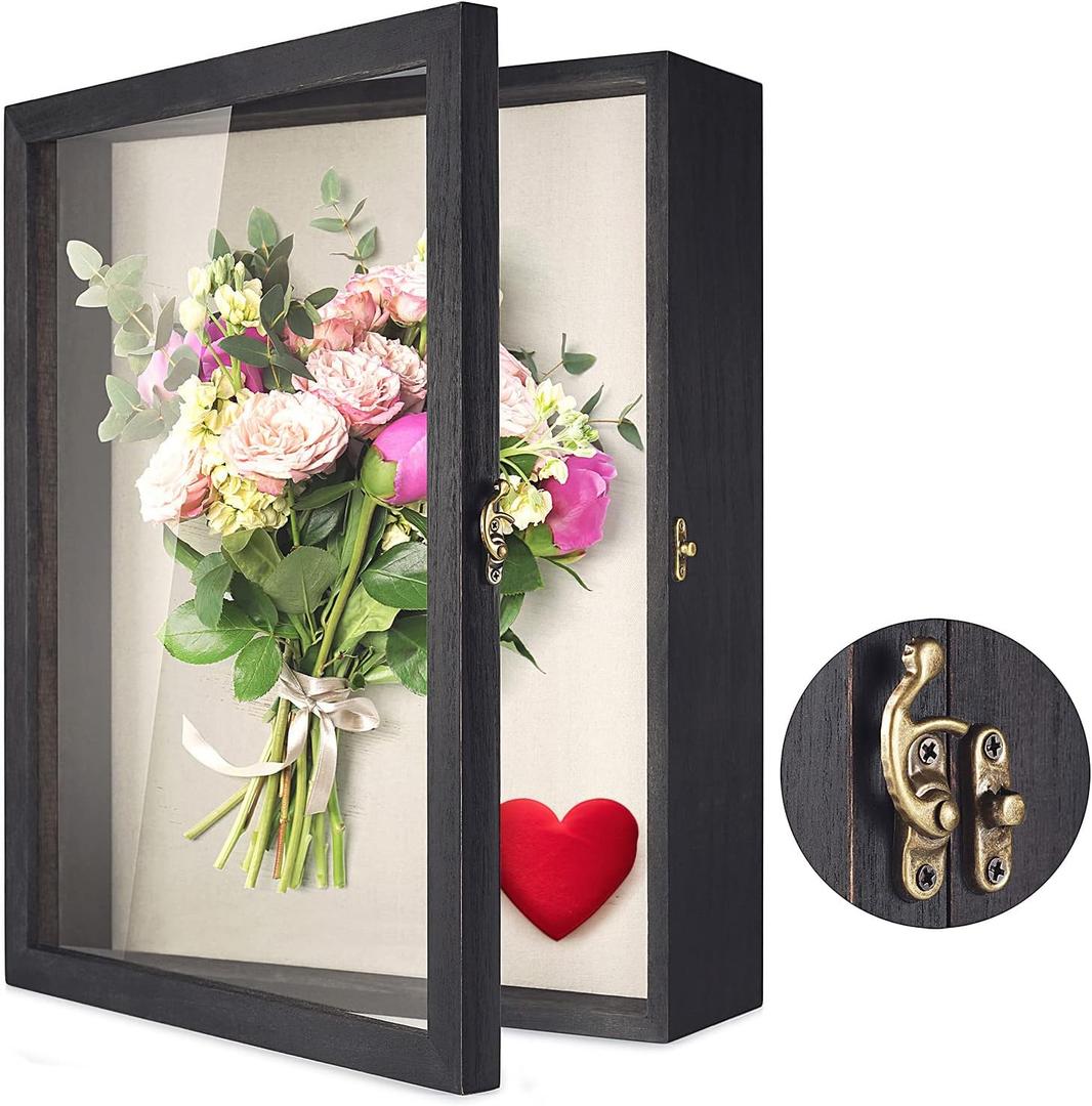 TJ.MOREE Flowers Shadow Box Display Case 13 x 16 Large Shadow Box Picture Frame with Glass Wedding Bouquet Memorabilia Medals Photos Memory Box (Black)