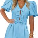 Cicy Bell Womens Cute Rompers Bow Front Puff Sleeve V Neck Short Jumpsuits Sexy Summer Outfits with Pockets (Blue, M)