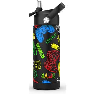 Boys Game Water Bottle for SchoolKids 18 oz Insulated Stainless Steel Cup with Straw, Double-Wall Vacuum Leakproof