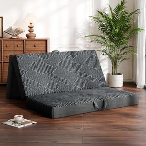 Vamcheer Tri Folding Mattress, 3 inch Full Foldable Mattress, Tri-fold Memory Foam Mat with a Collapsible and Washable Cover, Handle & Non-Slip Bottom, for Travel/Guest, 73"x52"x3", Grey