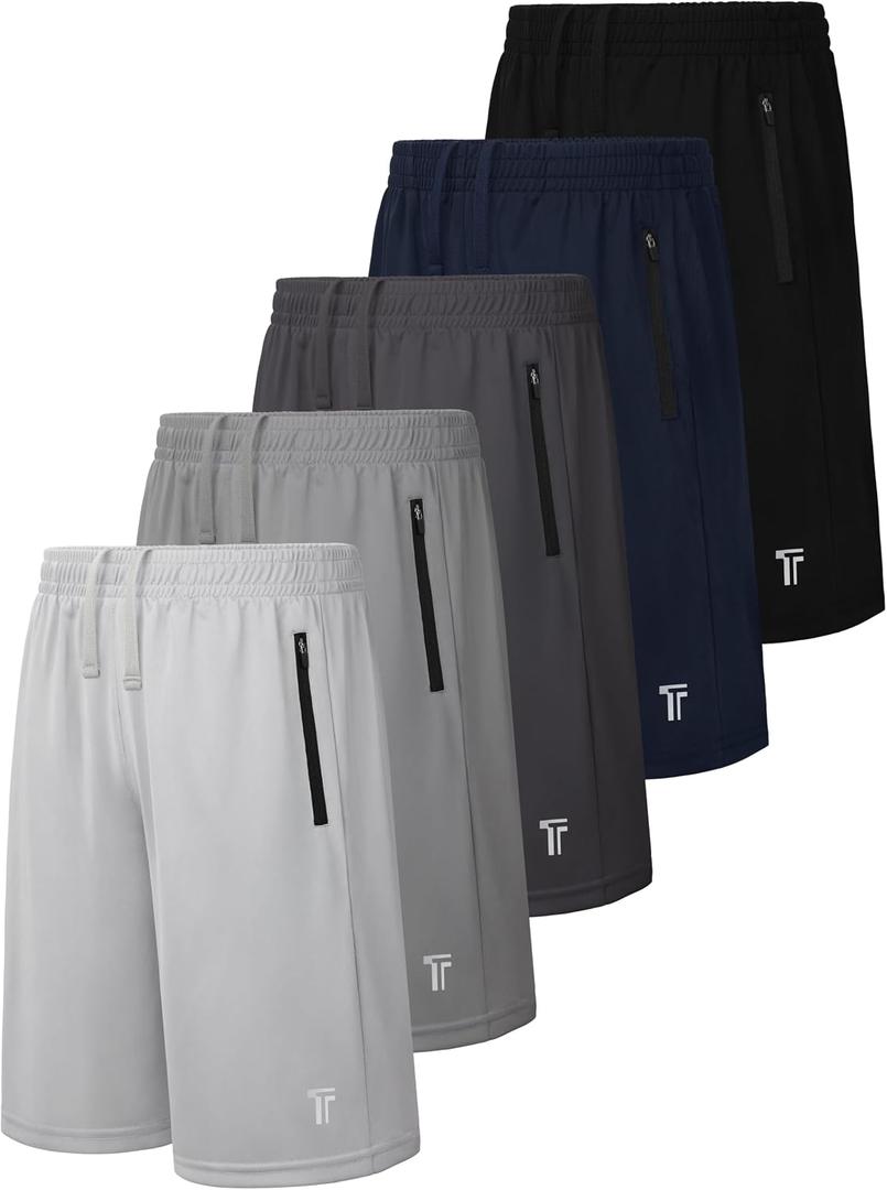 5 Pack Boys Athletic Shorts with Zipper Pockets Basketball Soccer Quick Dry Teen Kids Sport Shorts Elastic Waist, XL