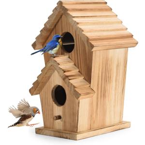 Bird Houses for Outside, Wooden Outdoor 2 Hole Bird House, Can Accommodate 2 Bird Families Suitable for Bluebird,Finch,Cardinals, Garden Hanging Birdhouse No Assembly Required