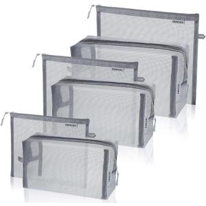 SUPACOOL Set of 6 Travel Mesh Makeup Bag, Cosmetic Organizer Pouches with Zipper, Diaper Organizing Pouches, Nylon Toiletries Bag for Women and Men(6pcs, Gray)