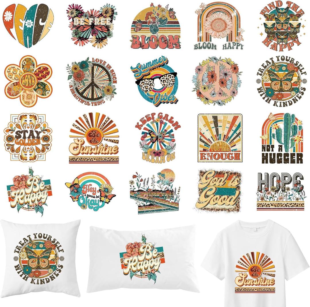 Hippie Iron on Transfers, 12 PCS DTF Transfers Ready to Press Iron on Patch Applique Decals, Retro Heat Transfer Vinyl for T-Shirts Bag Clothing DIY Crafts