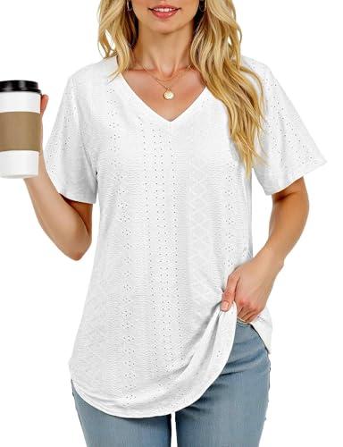 Womens V-Neck T-Shirts 2025- Soft Loose Fit Casual Tees with Curved Hem for Everyday Wear White, S