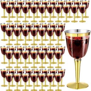 100 Pack Rimmed Disposable Plastic Wine Glasses Bulk 8 Oz Elegant Fancy Wine Cups Stemmed Wine Glasses Clear Cocktail Cups with Long Stem for Party Wedding Anniversary Birthday (Gold)