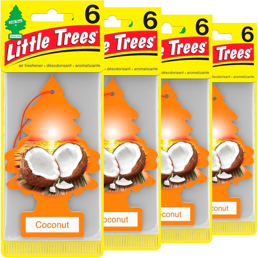 LITTLE TREES Car Air Freshener | Hanging Tree Provides Long Lasting Scent for Auto and Home | Coconut, 24 Air Fresheners (4 Count (Pack of 6))