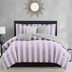 Juicy Couture Cabana Stripe Reversible Bedding Set - Queen/Full Size - Lavender/White Stripe Print  6 Piece Set  Includes 1 90" x 90" Comforter, 3 Decorative Pillows, 2 Shams