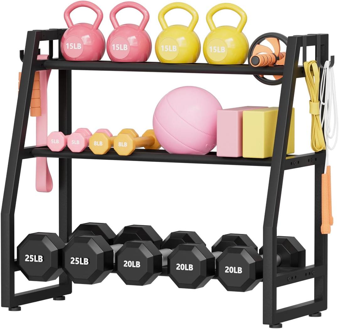 Heavy Duty 3-Tier Dumbbell Rack, 600 LBS Capacity Adjustable Weight Rack for Kettlebells & Dumbbells, One-Piece Solid Steel Home Gym Storage Stand, Space-Saving Corner Organizer with Hooks (32" H x 31.5" L)