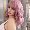 VCKOVCKO Pink Wavy Wig With Air Bangs Gift for Lady and Girls Women's Short Wigs Curly Wavy Shoulder Length Synthetic Wig for Women Daily Use Colorful Wigs(12", Purple Pink)