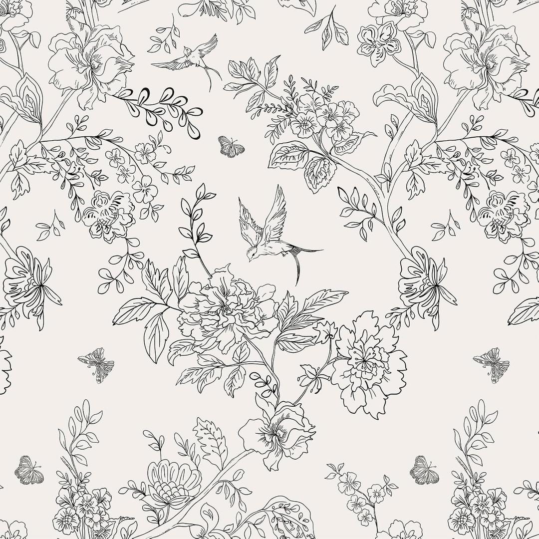 Froluya Black and Cream White Floral Wallpaper Peel and Stick Wallpaper 17.7in×196.8in Vintage Floral Contact Paper Flowers Birds Removable Self Adhesive Decorative Wall Paper for Bathroom Cabinets