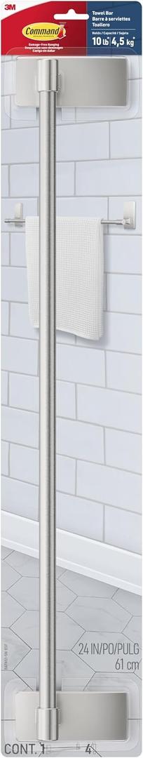 Command Bath Satin Nickel Towel Bar with Water Resistant Command Strips, Bathroom Organizer, 24 in Bar Length Holds up to 10 lbs